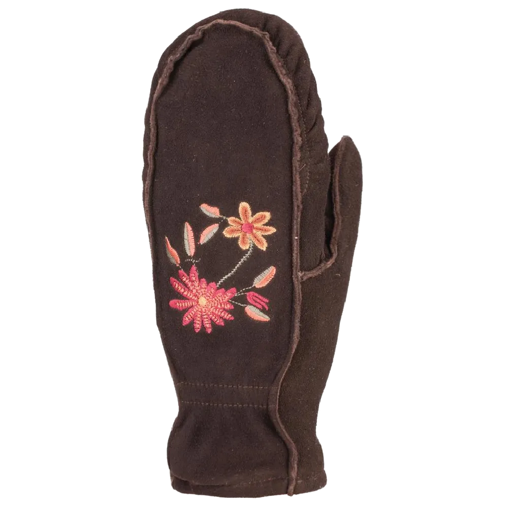 Embroidered Suede Mittens Brown