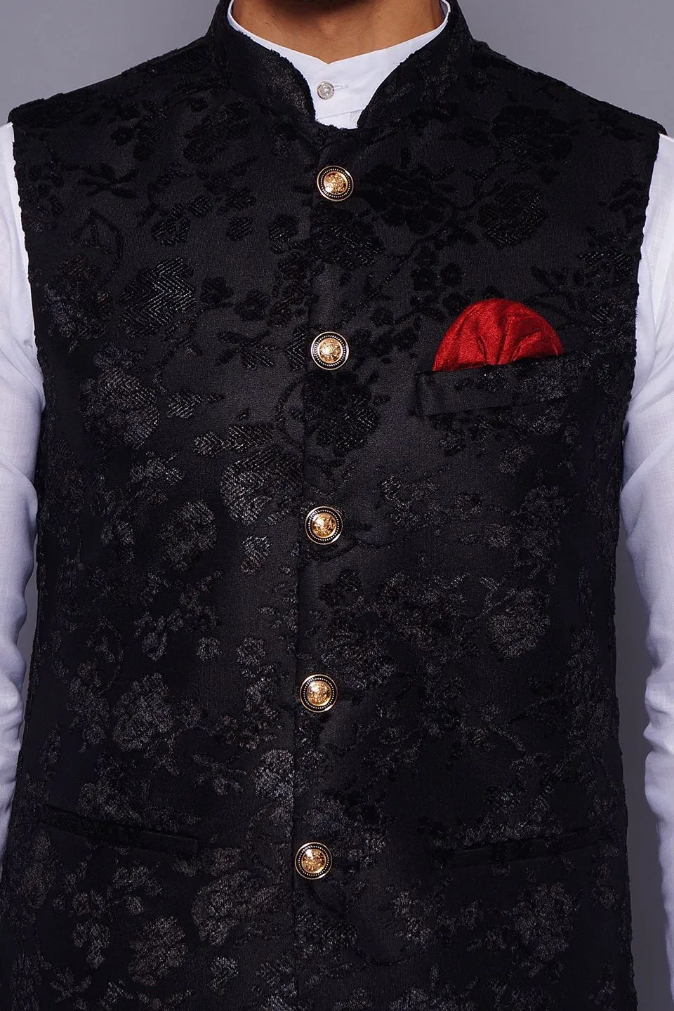 Emroidered Velvet Black Modi Nehru Jacket