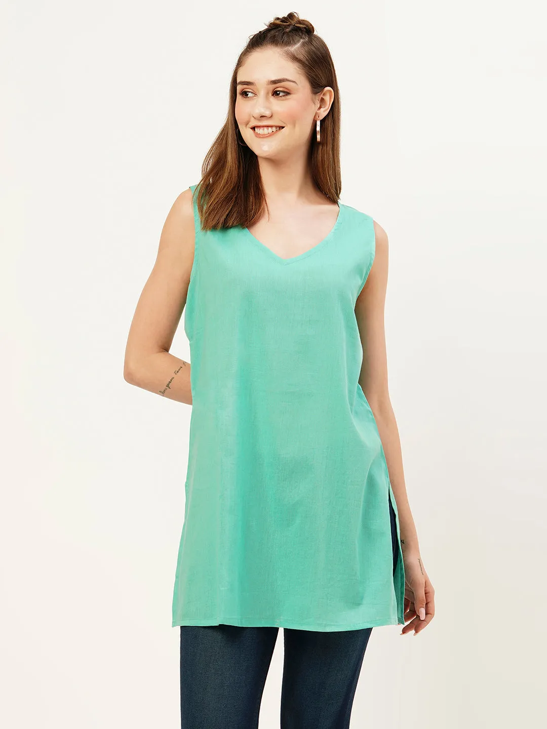 Exclusive Mandarin Collar Chiffon All Over Botanical Print SeaGreen Kaftan For Women - ZOLA