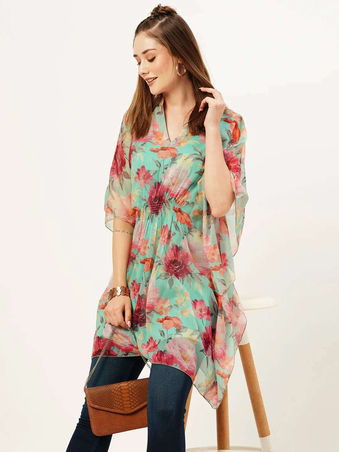 Exclusive Mandarin Collar Chiffon All Over Botanical Print SeaGreen Kaftan For Women - ZOLA