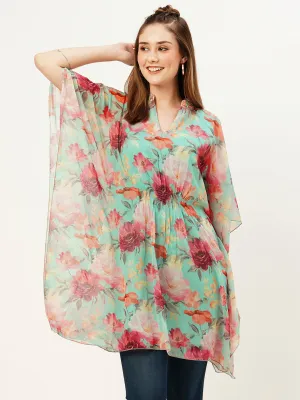 Exclusive Mandarin Collar Chiffon All Over Botanical Print SeaGreen Kaftan For Women - ZOLA