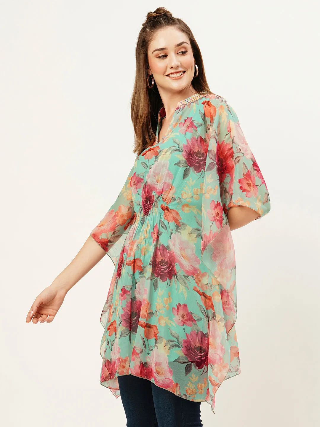Exclusive Mandarin Collar Chiffon All Over Botanical Print SeaGreen Kaftan For Women - ZOLA