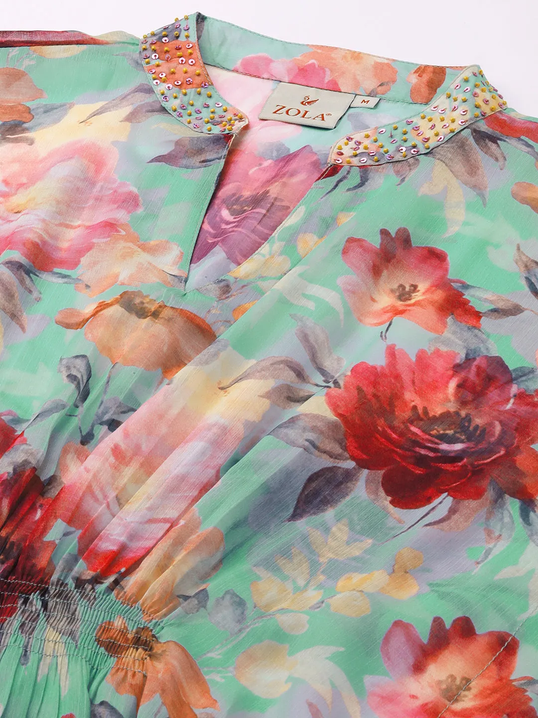 Exclusive Mandarin Collar Chiffon All Over Botanical Print SeaGreen Kaftan For Women - ZOLA
