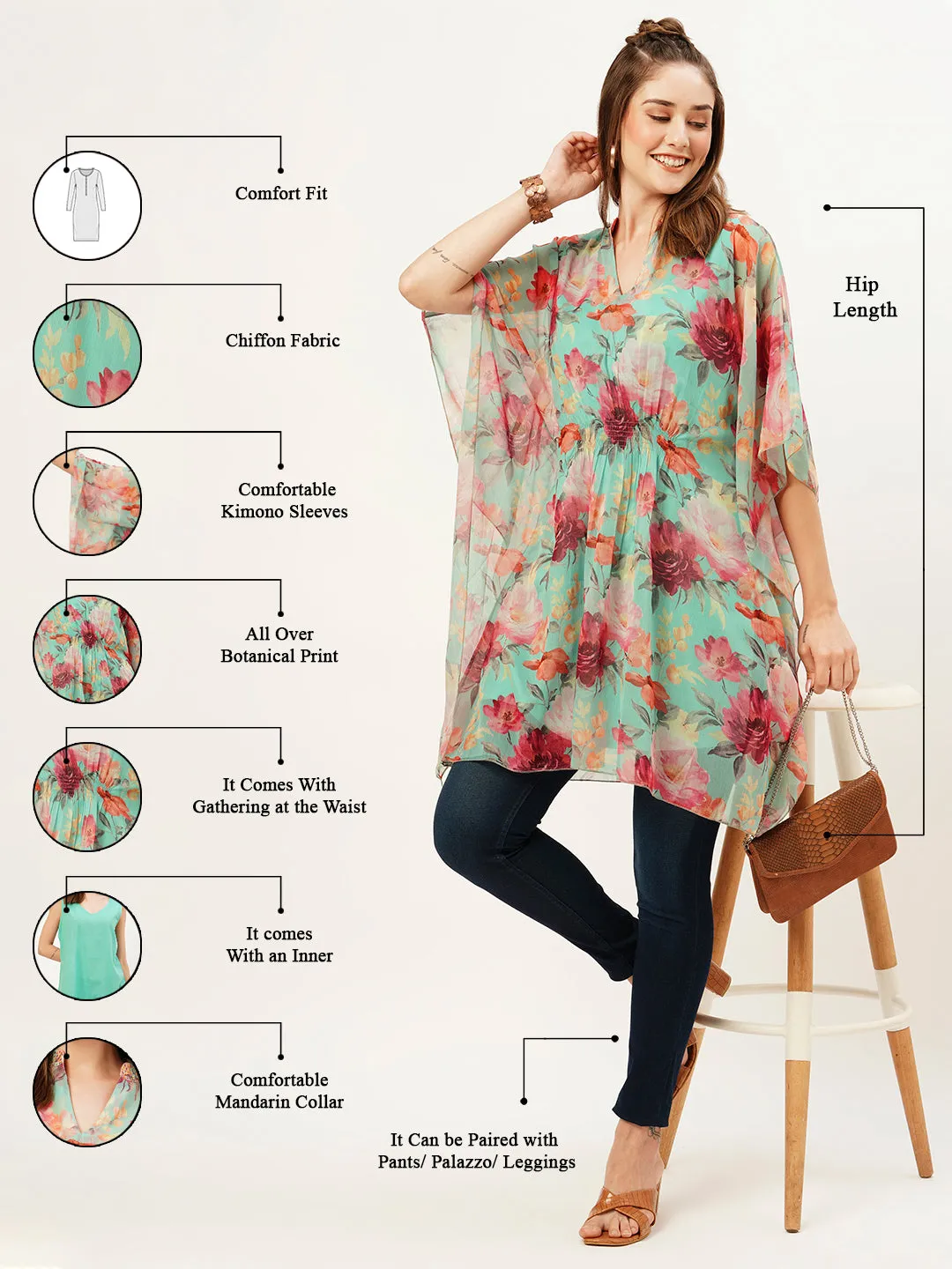 Exclusive Mandarin Collar Chiffon All Over Botanical Print SeaGreen Kaftan For Women - ZOLA