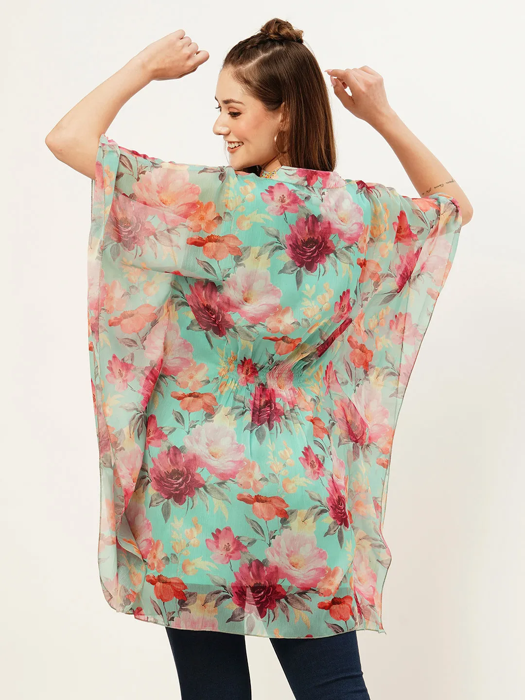 Exclusive Mandarin Collar Chiffon All Over Botanical Print SeaGreen Kaftan For Women - ZOLA