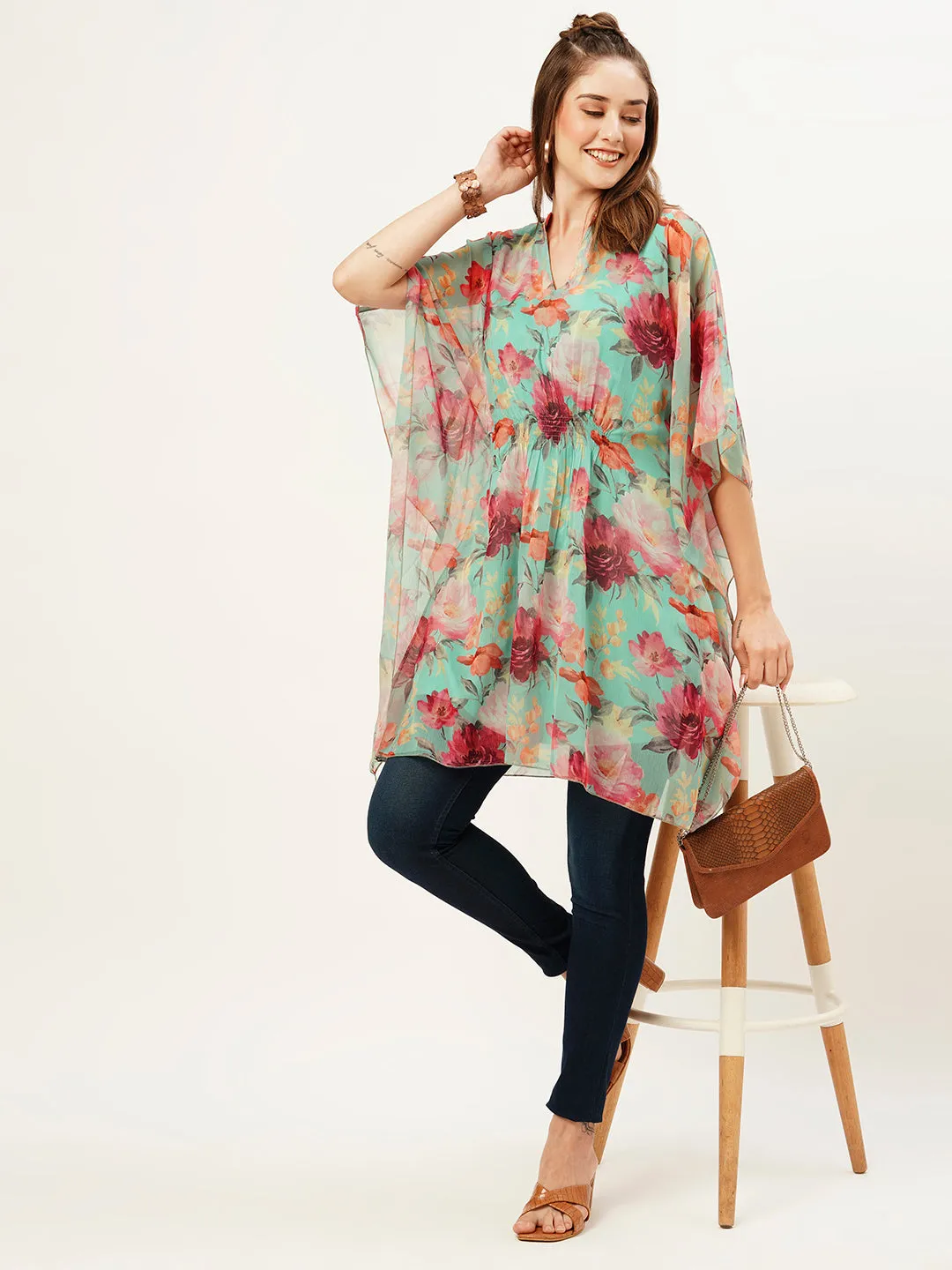Exclusive Mandarin Collar Chiffon All Over Botanical Print SeaGreen Kaftan For Women - ZOLA