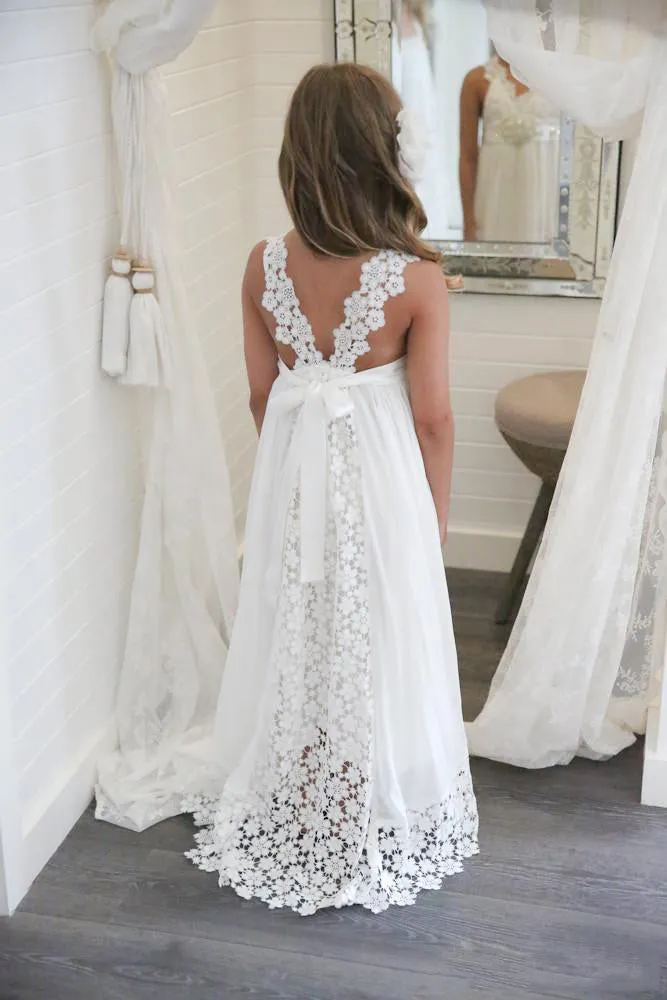 Floor-Length V-Neck Boho Ethereal Sleeveless Empire Petite Dress For Flower Girl - 402464