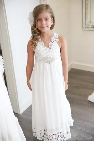 Floor-Length V-Neck Boho Ethereal Sleeveless Empire Petite Dress For Flower Girl - 402464