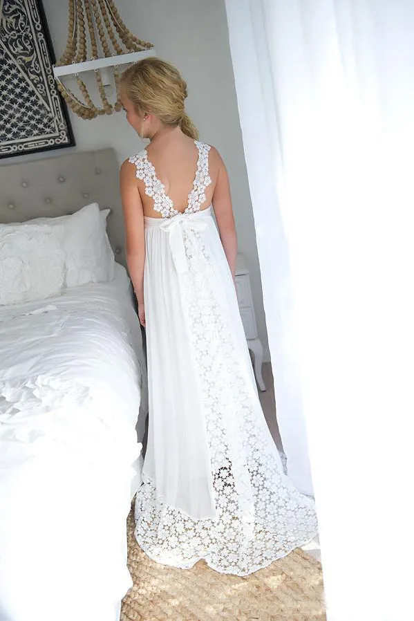 Floor-Length V-Neck Boho Ethereal Sleeveless Empire Petite Dress For Flower Girl - 402464