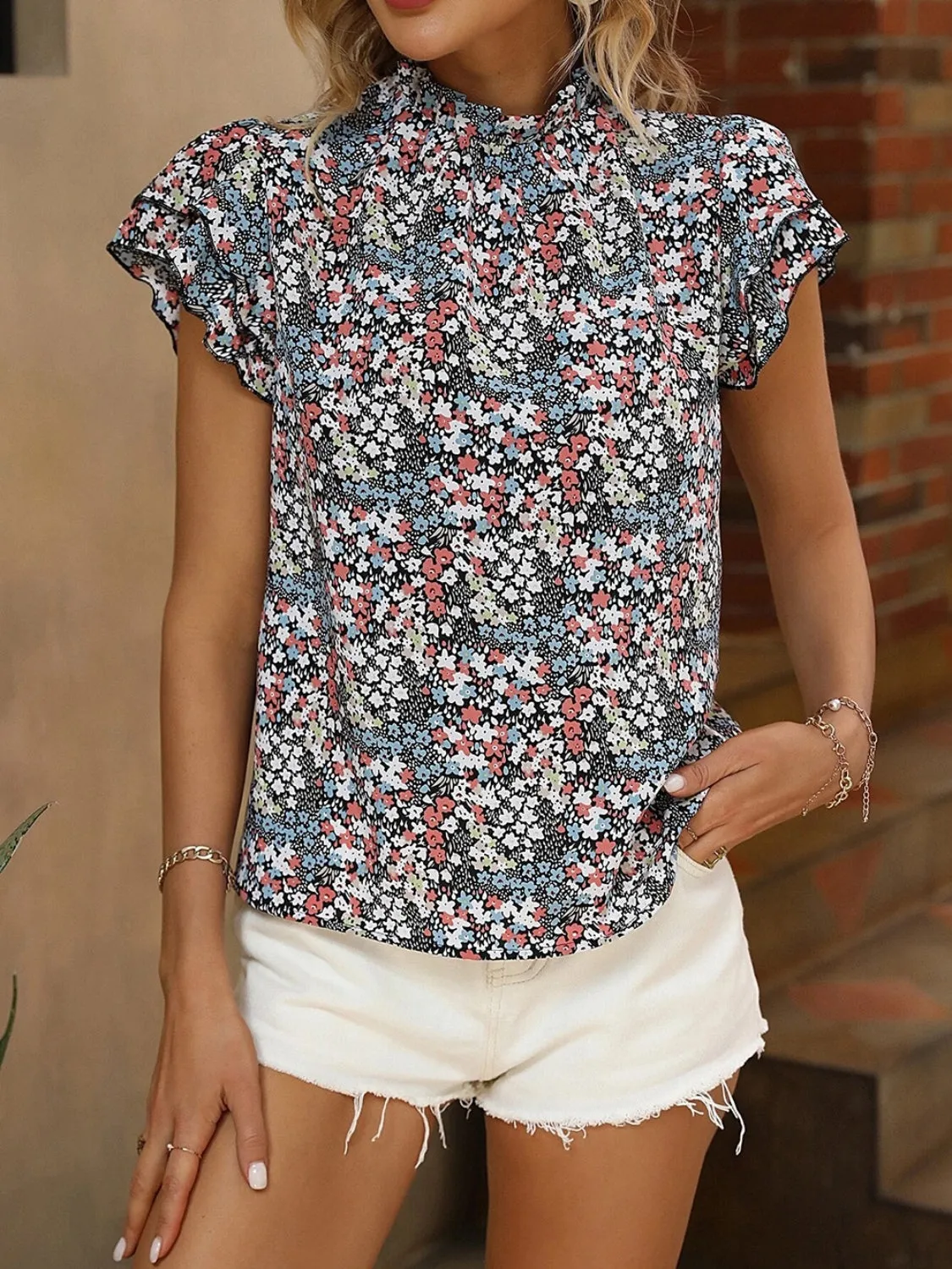 Floral Mock Neck Blouse [3 Colors]