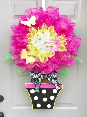 Flower Wreath, Flower Pot Wreath, Topiary Door Hanger, Flower Door Hanger, Spring Wreath, Summer Wreath, Butterfly Wreath