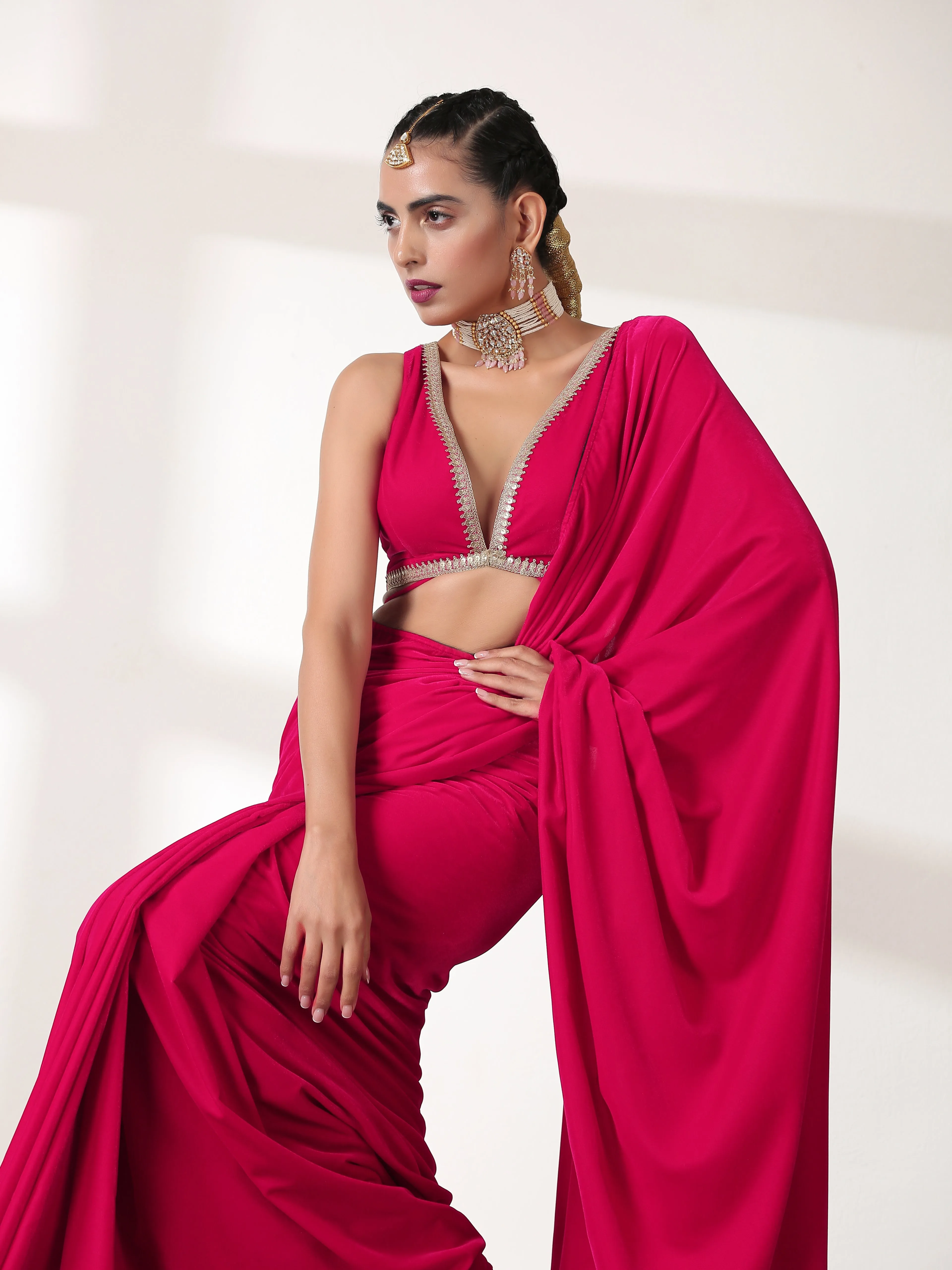 Forbidden Pink Velvet Saree