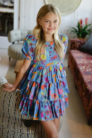 Girls Goldie Dress, Blue Botanical
