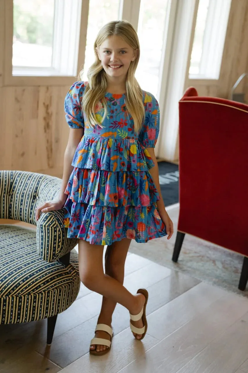 Girls Goldie Dress, Blue Botanical