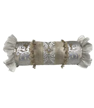 Glam Decorative Pillow Bolster Silver and Off White