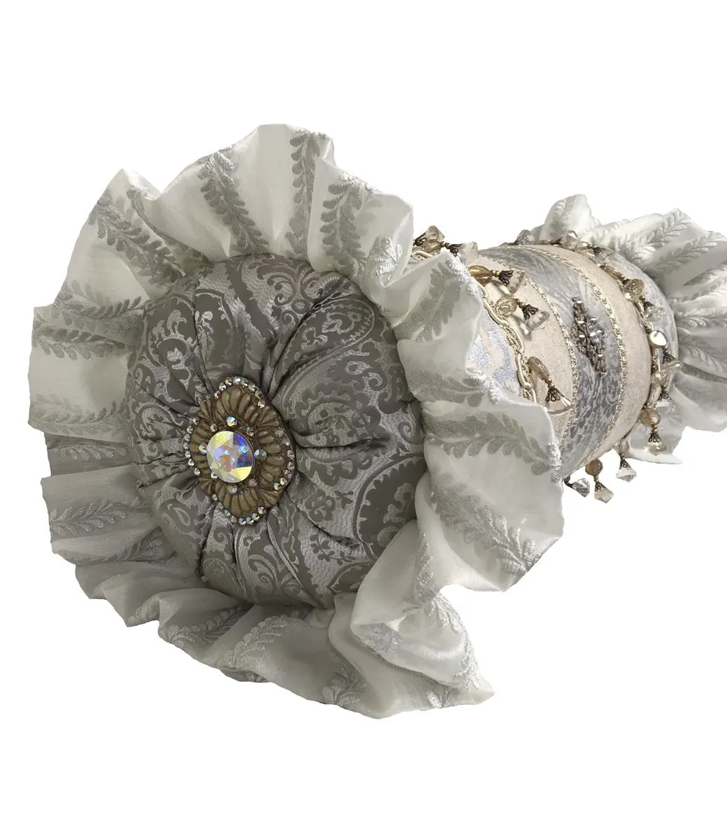 Glam Decorative Pillow Bolster Silver and Off White