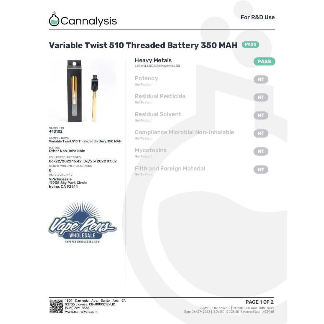 Gold 510 Thread Battery Variable Twist