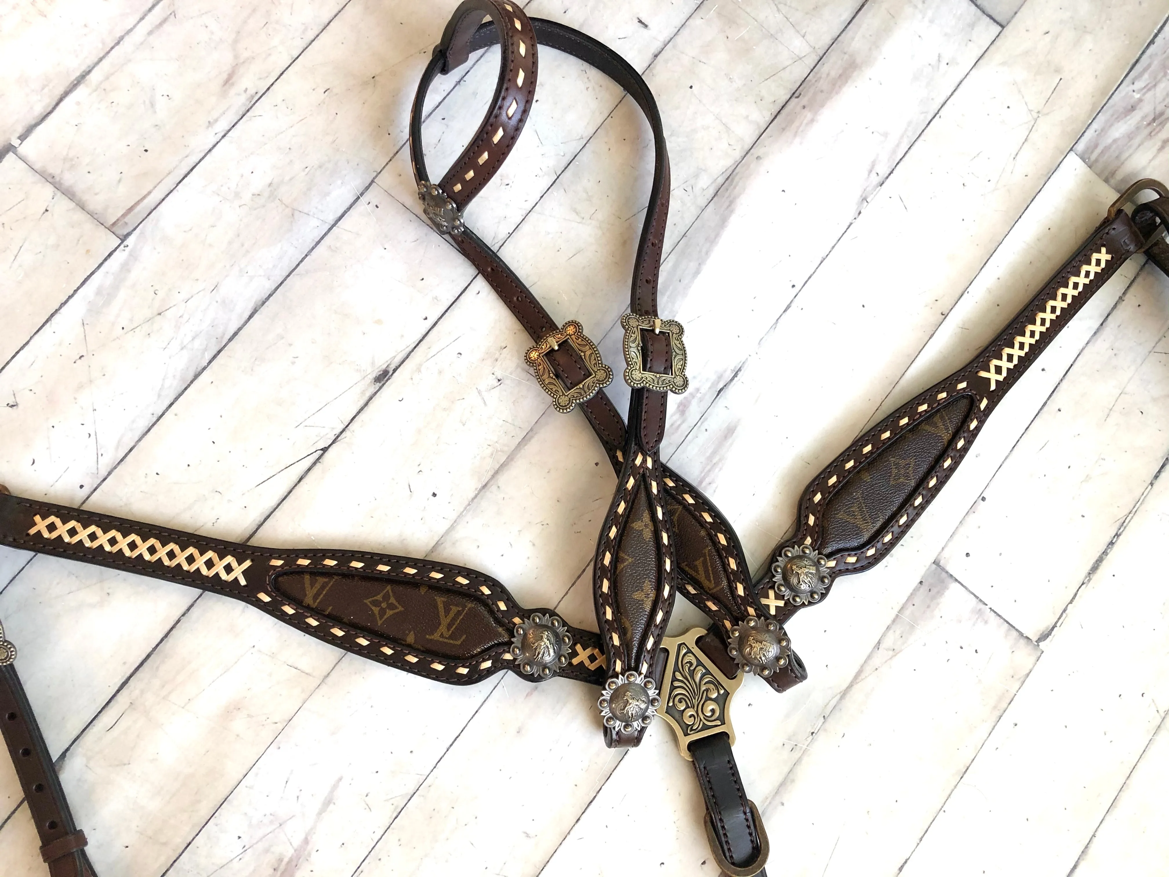 Gold Laced LV Repurposed Leather Tack Set