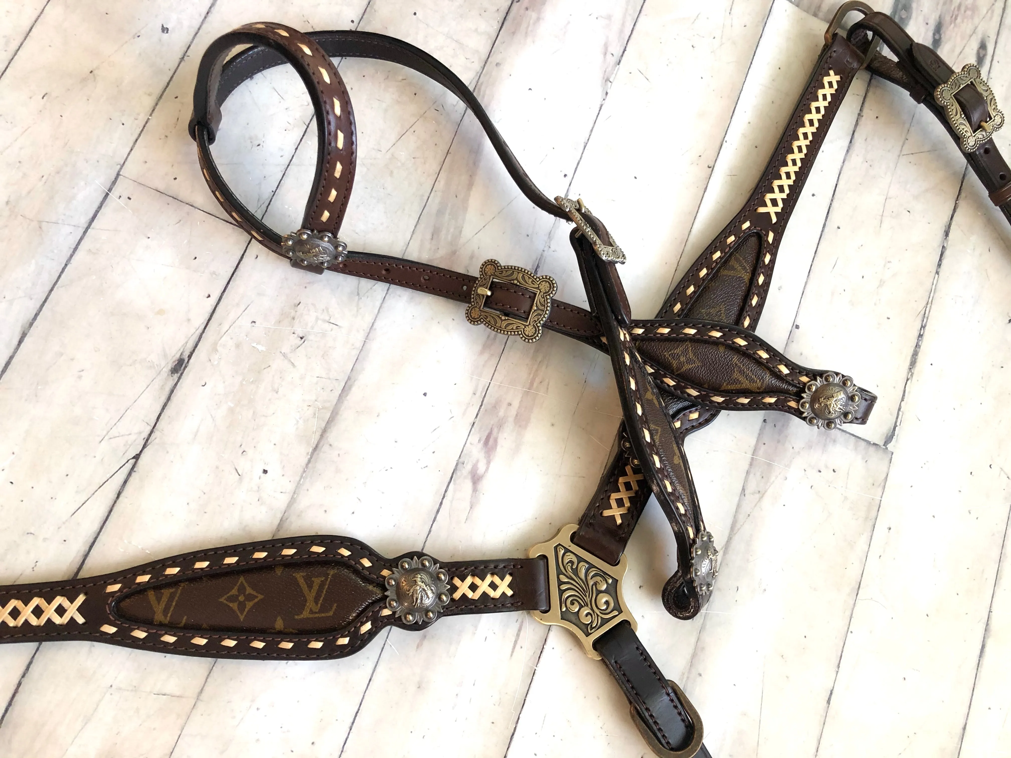 Gold Laced LV Repurposed Leather Tack Set