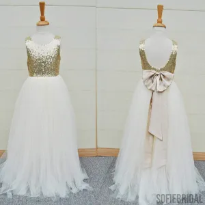 Gold Sequin Top White Tulle Cute Flower Girl Dresses For Wedding Party, FG002