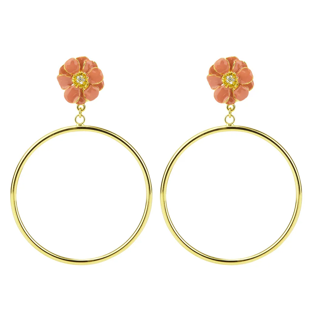Goldtone Dark Pink Les Roses Hoop Earrings