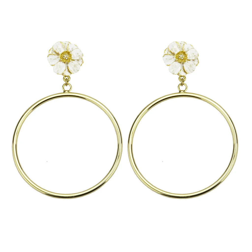 Goldtone Double Rose White Enamel Large Hoop Earrings