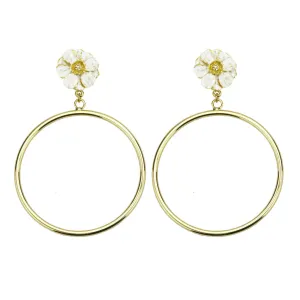 Goldtone Double Rose White Enamel Large Hoop Earrings
