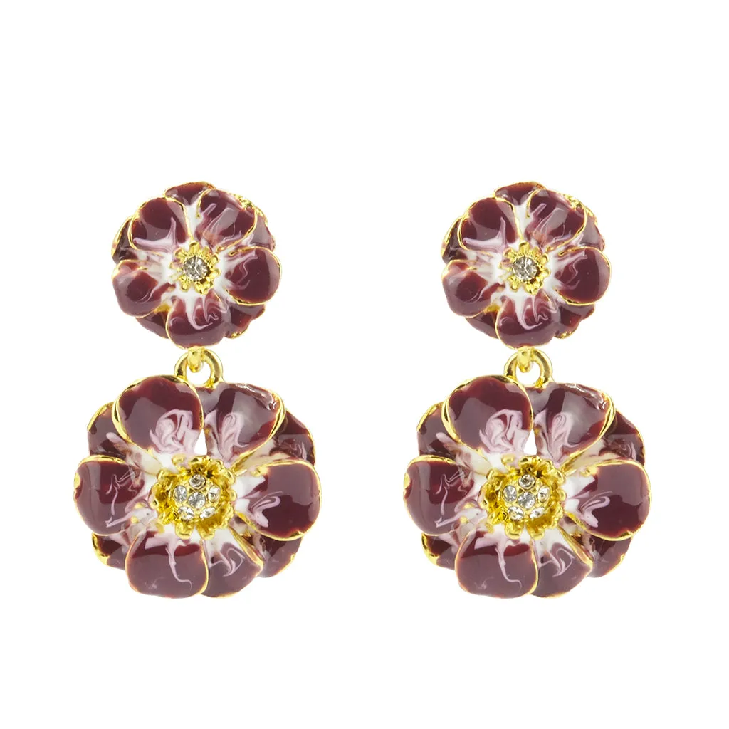 Goldtone Purple Les Roses Double Drop Earrings