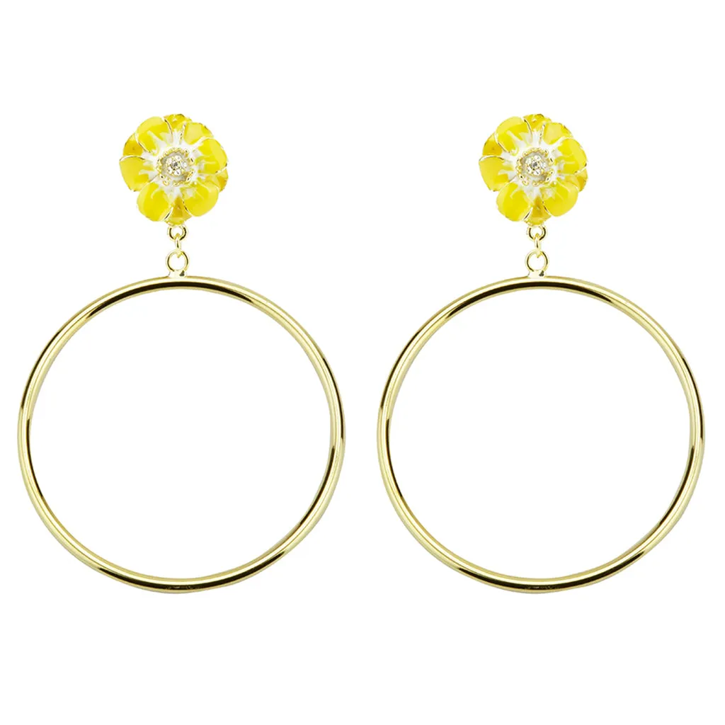 Goldtone Yellow/White Les Roses Hoop Earrings