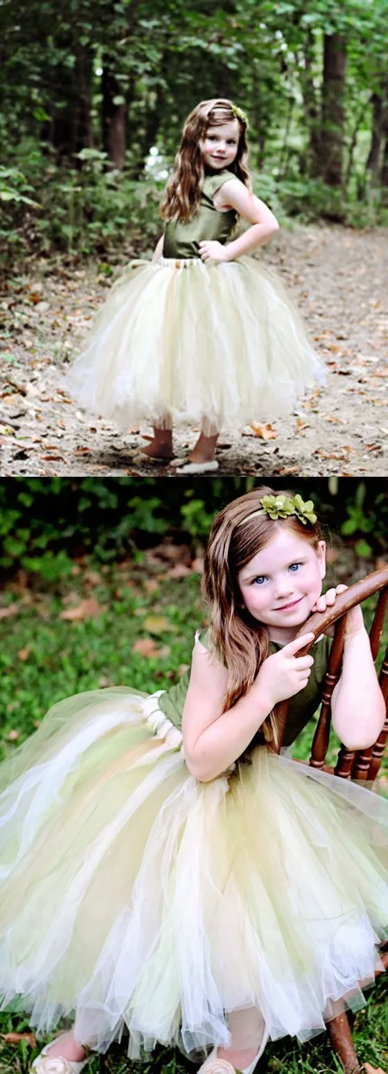 Green Satin Top Tulle Flower Girl Dresses, Cheap Popular Pixie Tutu Dresses,  FGY0124