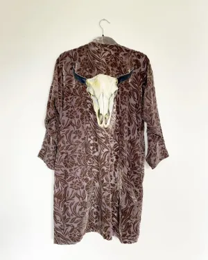 Grey Burnout  Velvet Caftan with Bull Skull Artwork