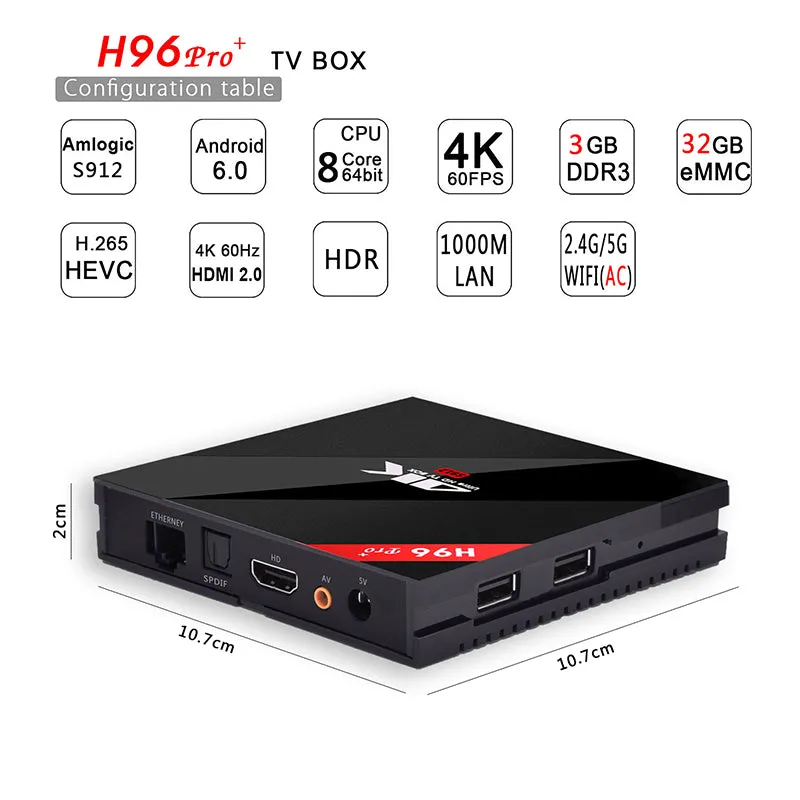 H96 Pro  Android TV Box - S912 Octa Core CPU, 3GB RAM, Android 6.0, Kodi, Dual Band Wi-Fi, 4Kx2K