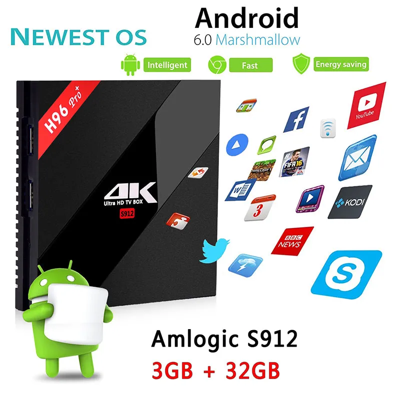 H96 Pro  Android TV Box - S912 Octa Core CPU, 3GB RAM, Android 6.0, Kodi, Dual Band Wi-Fi, 4Kx2K