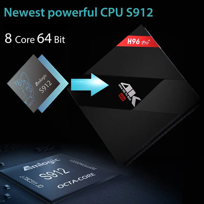 H96 Pro  Android TV Box - S912 Octa Core CPU, 3GB RAM, Android 6.0, Kodi, Dual Band Wi-Fi, 4Kx2K