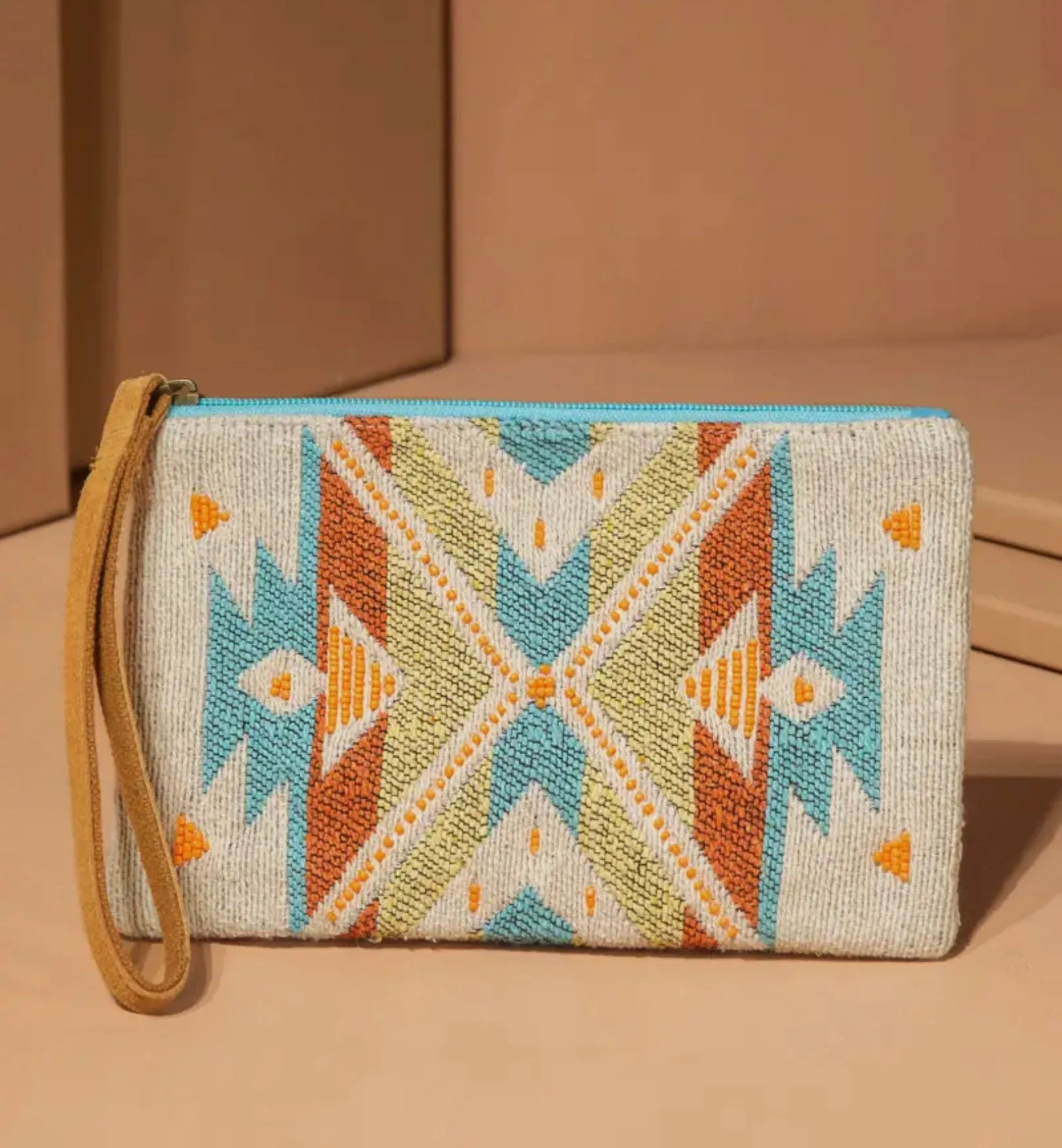 Handmade Beaded Cream Ethnic design clutch and wristlet
