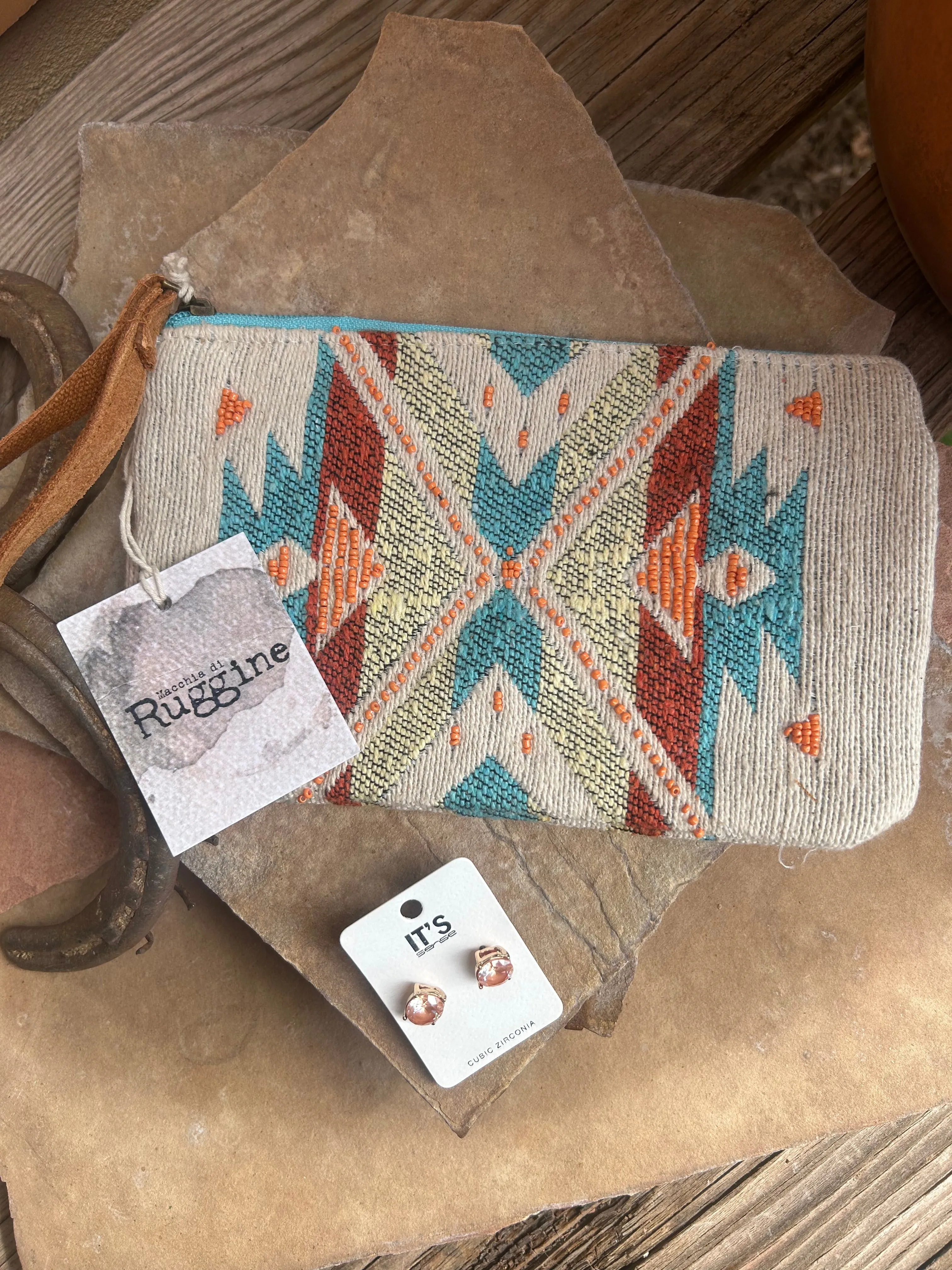 Handmade Beaded Cream Ethnic design clutch and wristlet