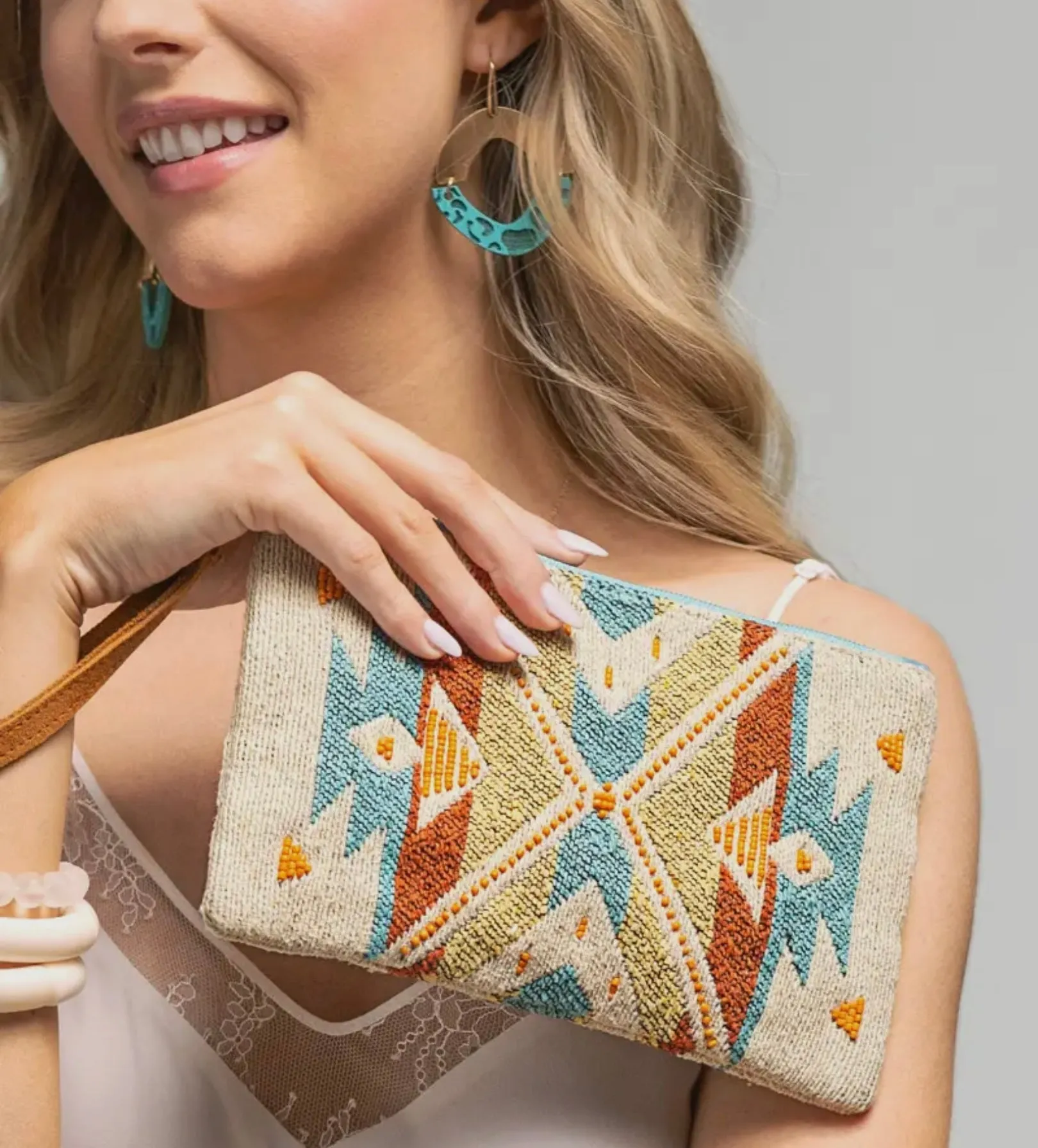 Handmade Beaded Cream Ethnic design clutch and wristlet