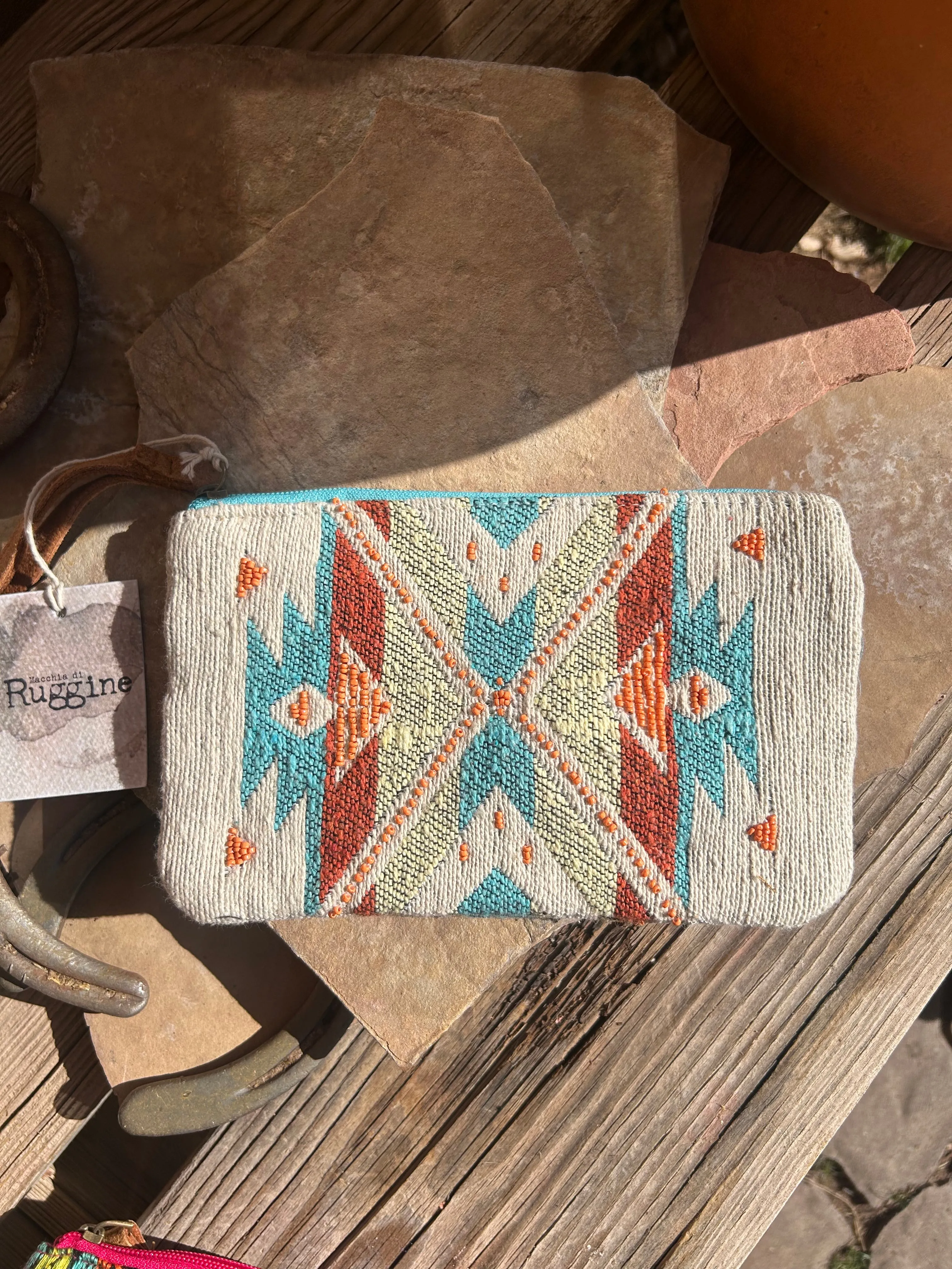 Handmade Beaded Cream Ethnic design clutch and wristlet
