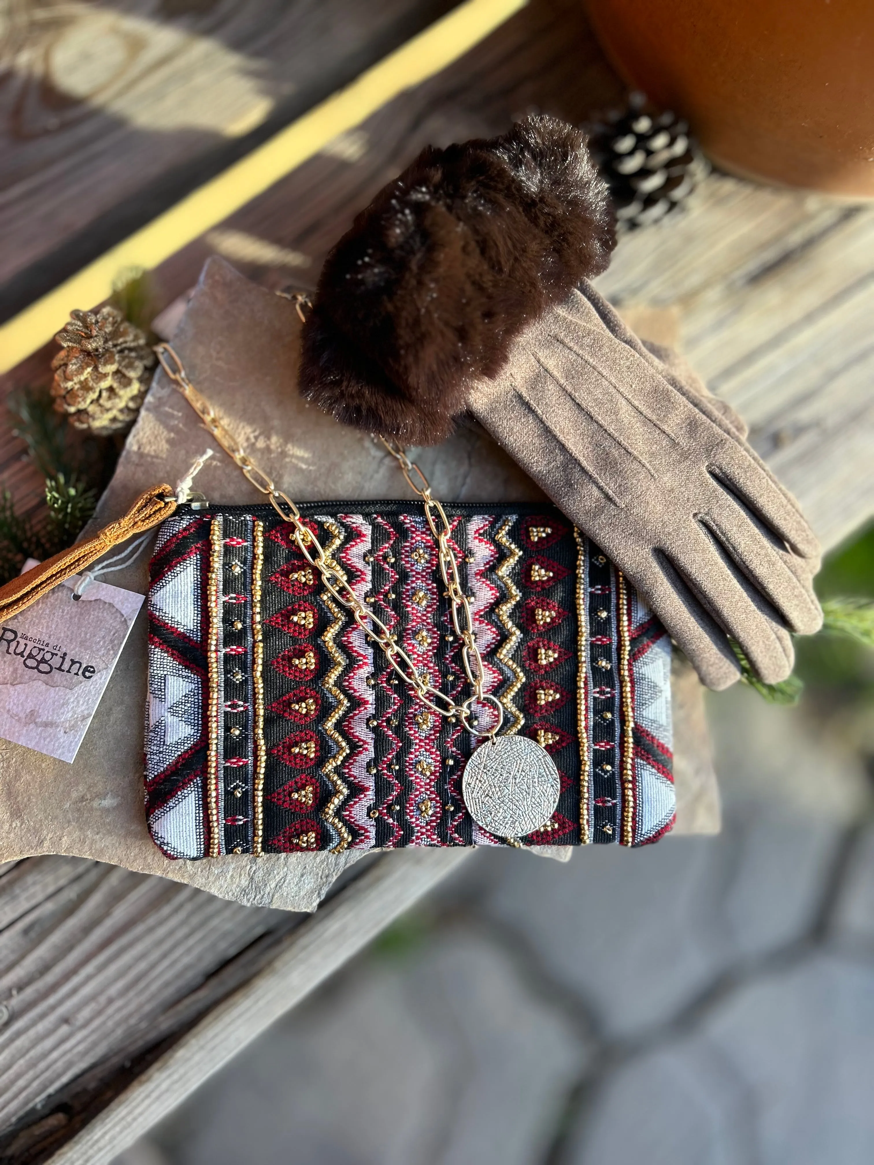 Handmade Beaded Western Bohemian Burgundy Clutch