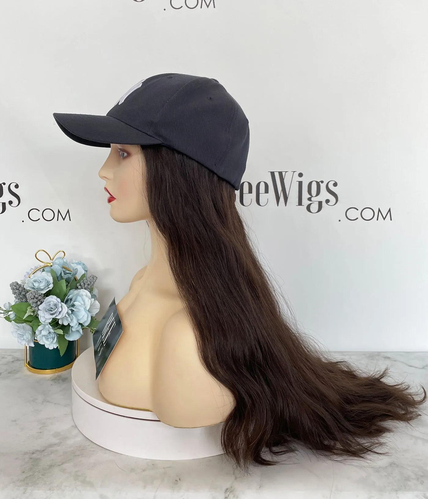 Hat Fall Wig Human Hair Long Brown Hat Fall Sheitel