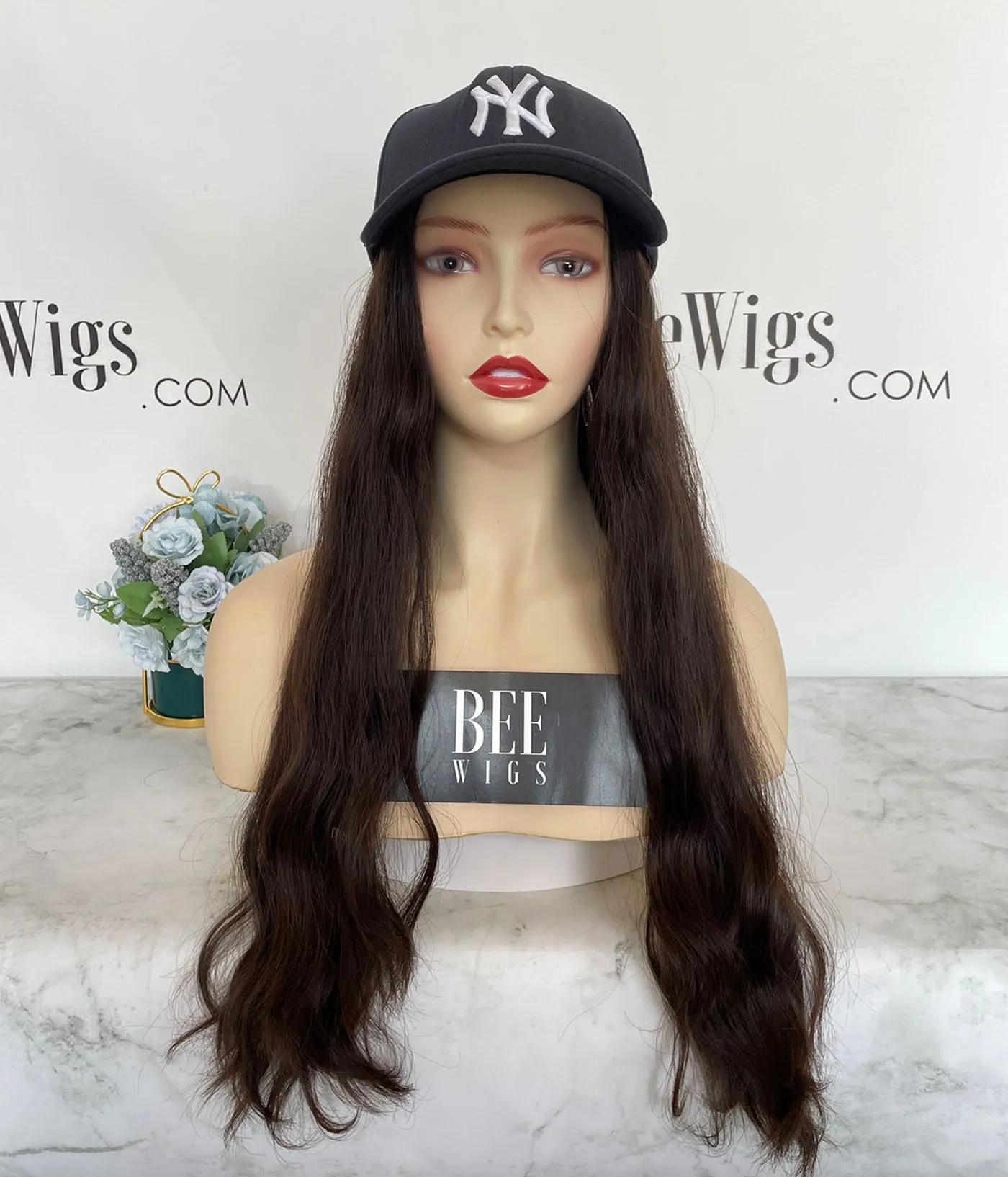 Hat Fall Wig Human Hair Long Brown Hat Fall Sheitel