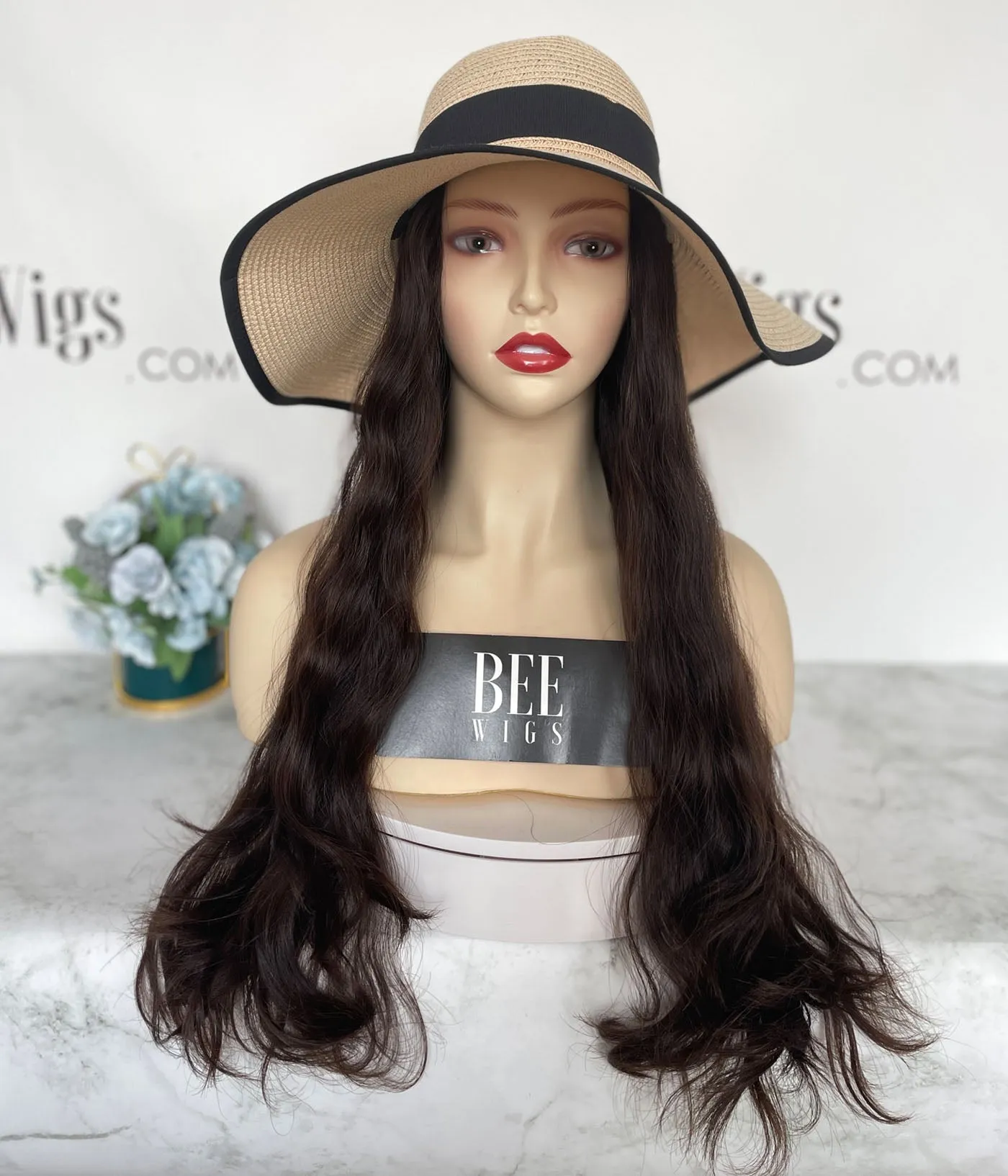 Hat Fall Wig Human Hair Long Brown Hat Fall Sheitel