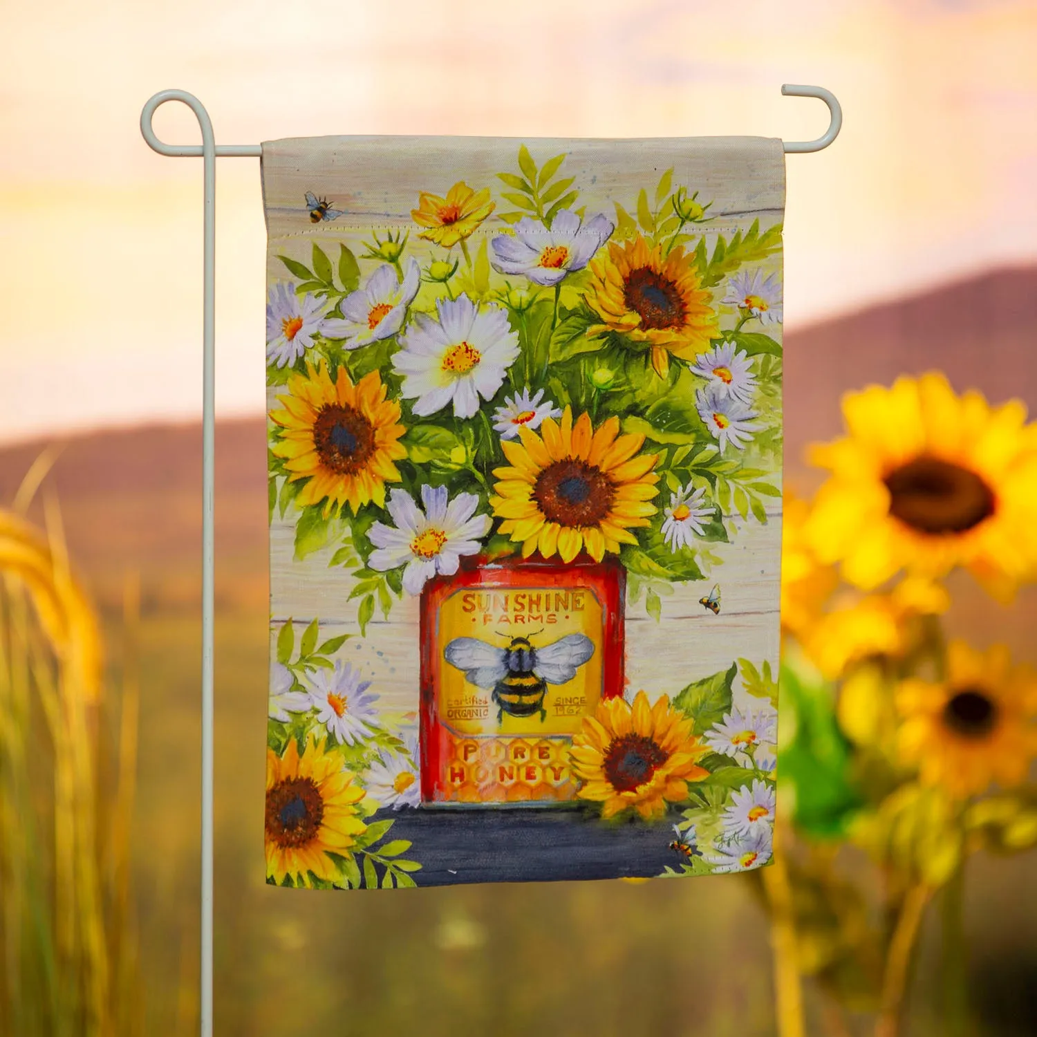 Honey Bee Tin with Sunflowers Garden Suede Flag,14s10338
