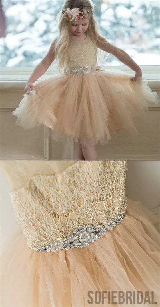 Illusion Lace Top Tulle Flower Girl Dresses, Popular Little Girl Dresses with rhinestone Belt, FG033