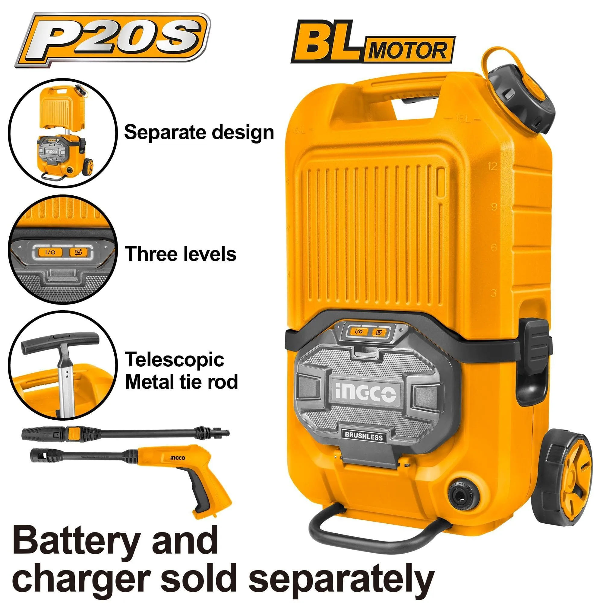Ingco Brushless Li-ion Cordless High Pressure Washer with 80 Bar Pressure & 15L Water Tank – CPWLI4006