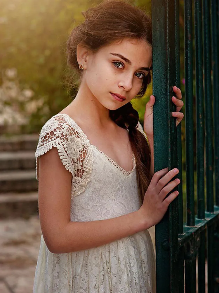 Ivory Jewel Neck Lace Short Sleeves Floor-Length A-Line Lace Kids Social Party Dresses