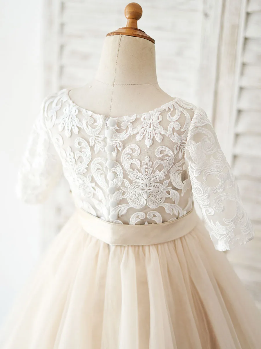 Jewel Neck Half Sleeves Sash Kids Social Party Dresses