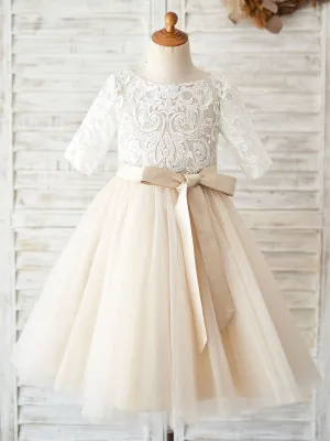 Jewel Neck Half Sleeves Sash Kids Social Party Dresses