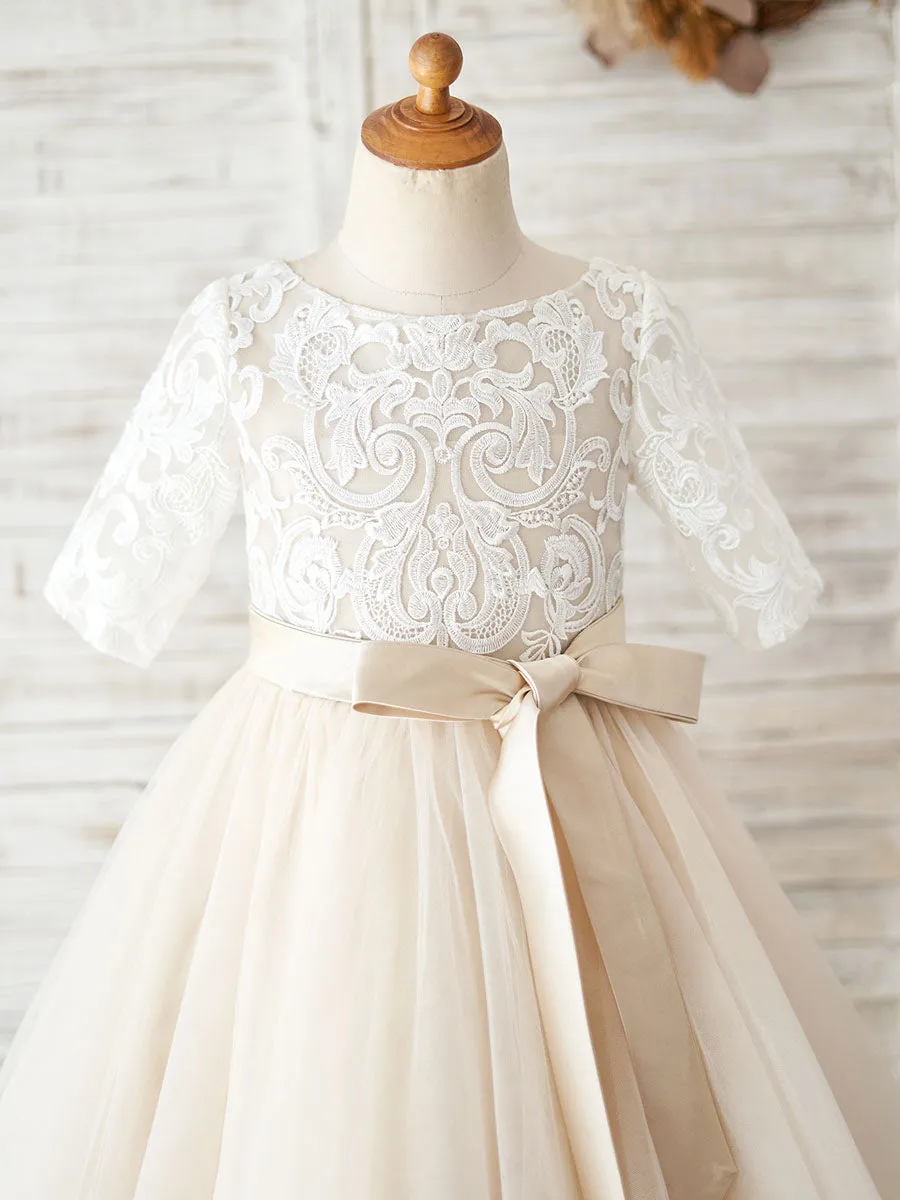 Jewel Neck Half Sleeves Sash Kids Social Party Dresses