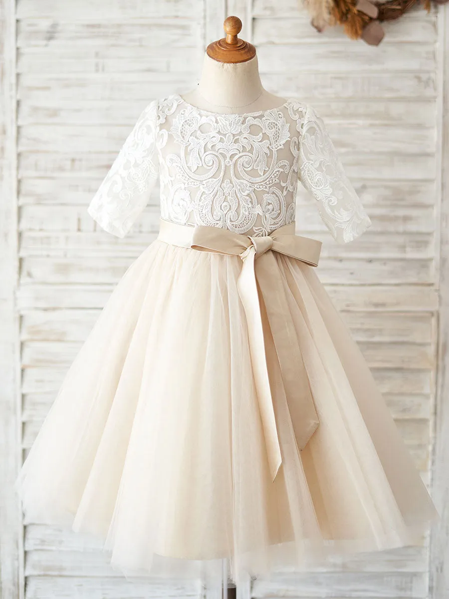 Jewel Neck Half Sleeves Sash Kids Social Party Dresses